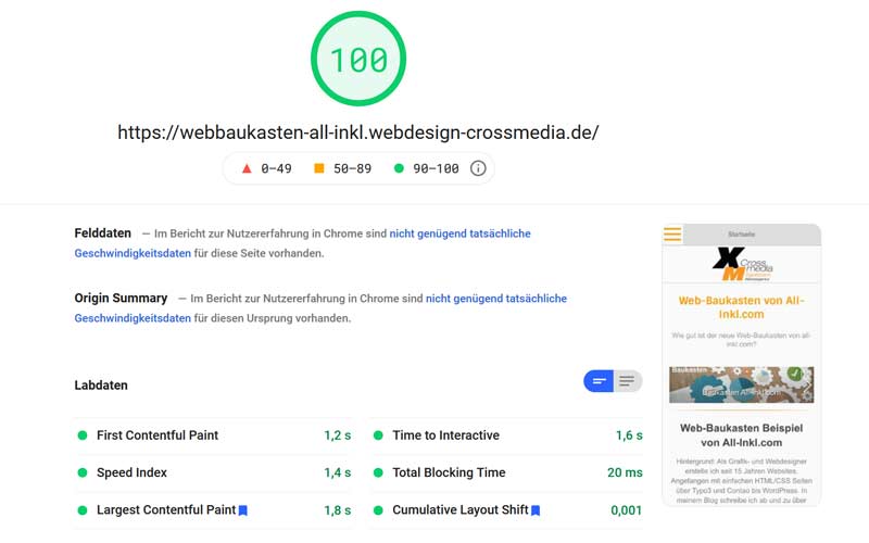 Web Baukasten all inkl pagespeed google